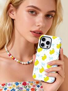1pc Summer Fresh Lemon Bow Dot Pattern Glossy 2-In-1 Filmstrip Hard Phone Case, Compatible With Samsung/Compatible With IPhone 11/12/13/14/15/16/17 Pro Max - Multicolor - View 4