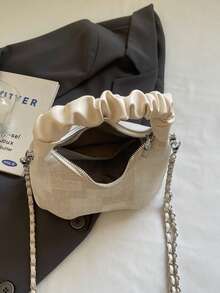 Women's Simple And Versatile High-Quality PU Pleated Handbag, Crescent-Shaped Mini Bag With Beaded Charm And Detachable Shoulder Strap, Perfect For Everyday Casual Wear. - White - View 6