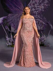Faeriesty Elegante vestido de fiesta de maternidad talla grande con hombros descubiertos y mangas extra largas hasta los tobillos para mujeres | Parte superior del Body con aplicaciones de lentejuelas y mangas de gasa extra largas, perfecto para bodas de primavera, celebraciones del Día de la Madre, eventos de baby shower, fiestas de jardín - Rosa vieja - Ver 4