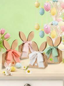12个/28个/79个（24套）复活节兔子礼品袋，包含兔耳朵牛皮纸袋、4卷丝带、50个彩色绒球棕色兔子图案礼品包装袋，适用于春季生日、复活节礼物、复活节派对装饰。 - 彩色 - 查看 8