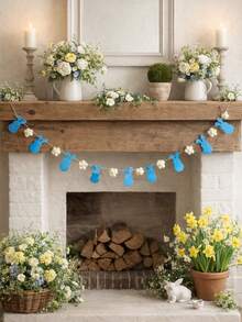 1pc Easter Bunny Wreath, Pink & Blue Felt Rabbit Banner, Spring Holiday Party Decor, Boho Floral Garland, Holiday Home Wall Decor, Lightweight Fabric Party Banner, Living Room Fireplace Mantel Decor, Rustic Boho Easter Decoration, Spring Event Decor, Colorful Felt Animal Wreath - Multicolor - View 3