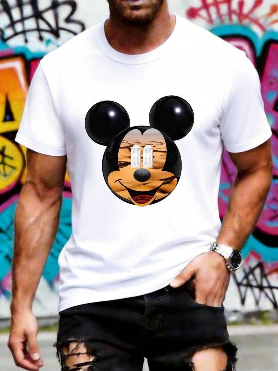 Disney Men's Mickey Mouse T-Shirt, Surreal Desert Window Pattern, Casual Streetwear T-Shirt, Street Style Top, Men's Clothing, Carnival Theme Outfit. - White - View 1