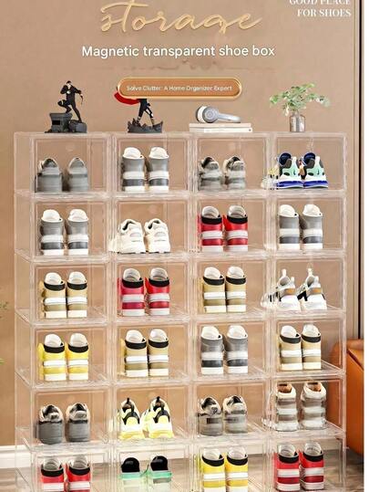 1-12 piezas Cajas de zapatos transparentes con apertura frontal magnética, cajas de almacenamiento de bolsos, gabinete de zapatos grande multicapa a prueba de polvo y humedad, diseño de cierre magnético, fácil de abrir y cerrar, Body totalmente transparente para una exhibición clara, a prueba de polvo y humedad