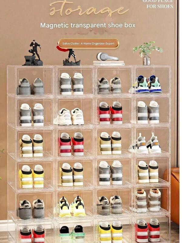 1-12pcs Transparent Magnetic Front-Open Shoe Boxes, Handbag Storage Boxes, Multi-Layer Dustproof Moisture-Proof Large Shoe Cabinet, Magnetic Closure Design, Easy To Open And Close, Fully Transparent Body For Clear Display, Dustproof And Moisture-Proof