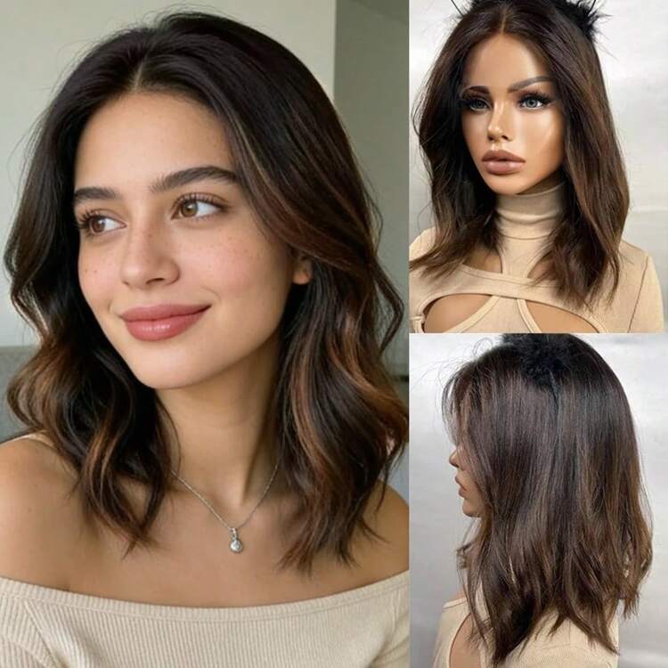 Ombre Brown Blonde Highlights Lace Wig Short Natural Wave Bob Preplucked Hairline For Women Cosplay Daily Party Use Glueless Soft Futura High Quality Lace Front Wigs 13x4 Easy To Wear Heat Resistant Fiber - Multicolor - View 3