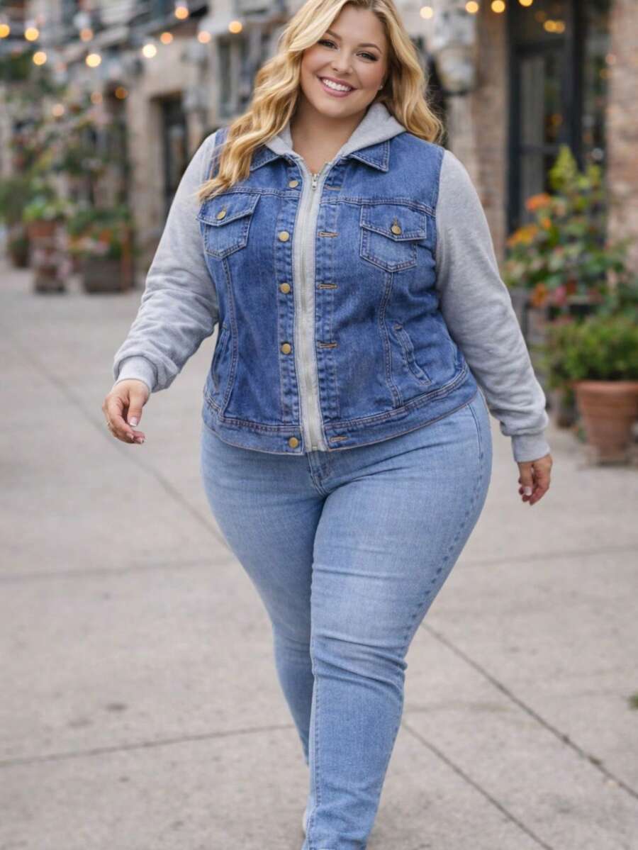 Chamarra Denim Curvy con Mangas de Felpa en Contraste y Capucha. MOD GIOVANA - Lavado ligero - Ver 1