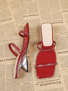 Summer Square Toe Rhinestone Decor Red High Heel Sandals For Women, Casual Backless Mule Sandals - Red - View 4