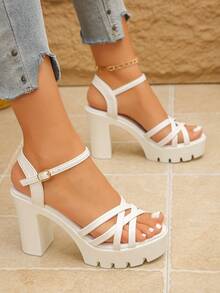2026 New Arrival Round Toe Thick Bottom Chunky Heel Sexy Bare Strap Buckle Elegant Sexy Party Fashion Thick Platform High Heel Women Sandals - White - View 3