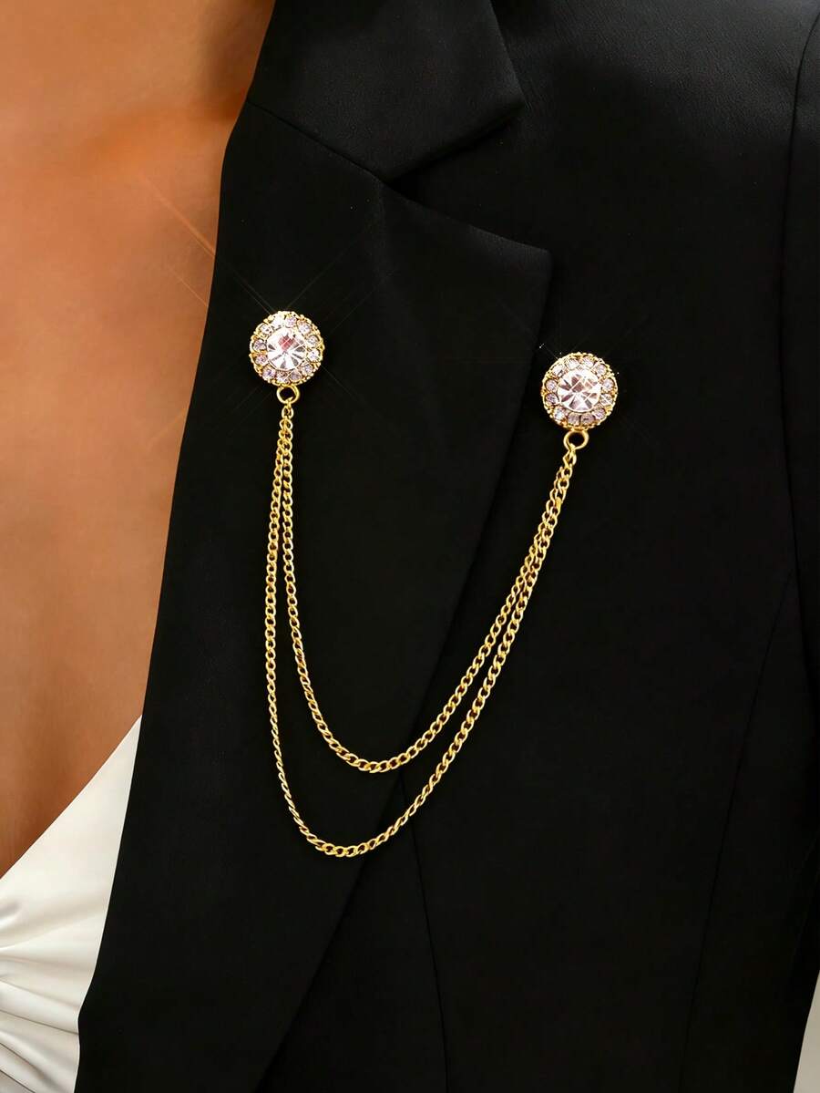 1pc Elegant Gold Chain Brooch With Rhinestones & Multi-Layer Tassel Design, Anti-Slip Pin, Suitable For Weddings, Parties, Travel, Daily Wear With Suits, Dresses, Cardigans, Great Gift For Friends - Gold - View 1