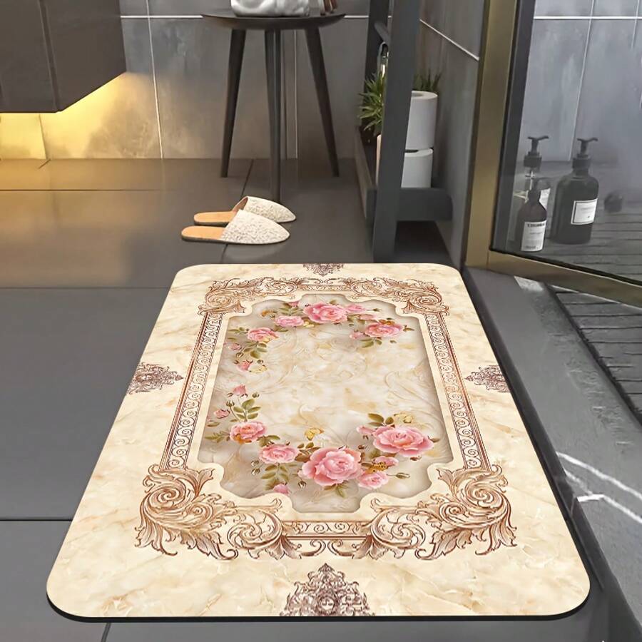 European Classical Floral Diatomaceous Earth Bathroom Mat Non-Slip Quick-Drying Absorbent Soft Comfort Rug Bathroom Shower Laundry Bedroom Kitchen Floor Mat - Black - View 1