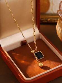 1pc Women's 304 Stainless Steel Necklace - Gold Ball Accent With Square Black Glass Pendant, Minimalist Elegant Everyday & Party Jewelry, Anti-Fade Gift, Retro Style, Polished Finish, Classic High-Quality Fashion Accessory - Geometry - View 3