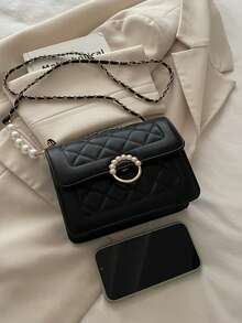 Bolso cuadrado de solapa con cadena de perlas, versátil y de moda, bolso bandolera cruzado para mujer - Negro - Ver 5
