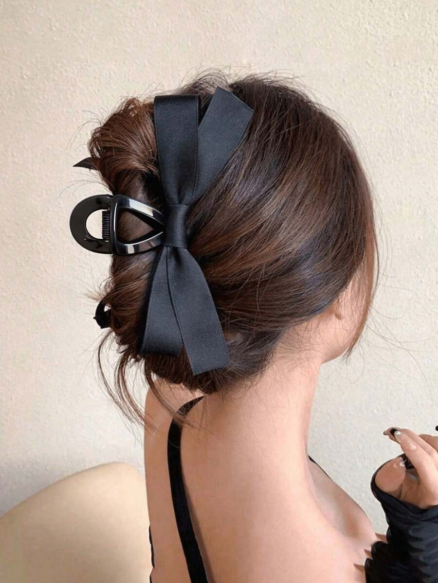 黑色蝴蝶結髮夾女士用,法式緞面絲帶髮爪,防滑強力固定優雅盤髮夾,秋冬髮飾 - 黑色 - 查看 1