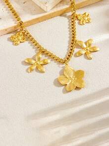 1件装奢华优雅镀金不锈钢五瓣花吊坠项链，配粗链，适合日常佩戴 - 金黃色 - 查看 3
