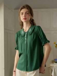 Simple Retro Women Blouses - Green - View 4