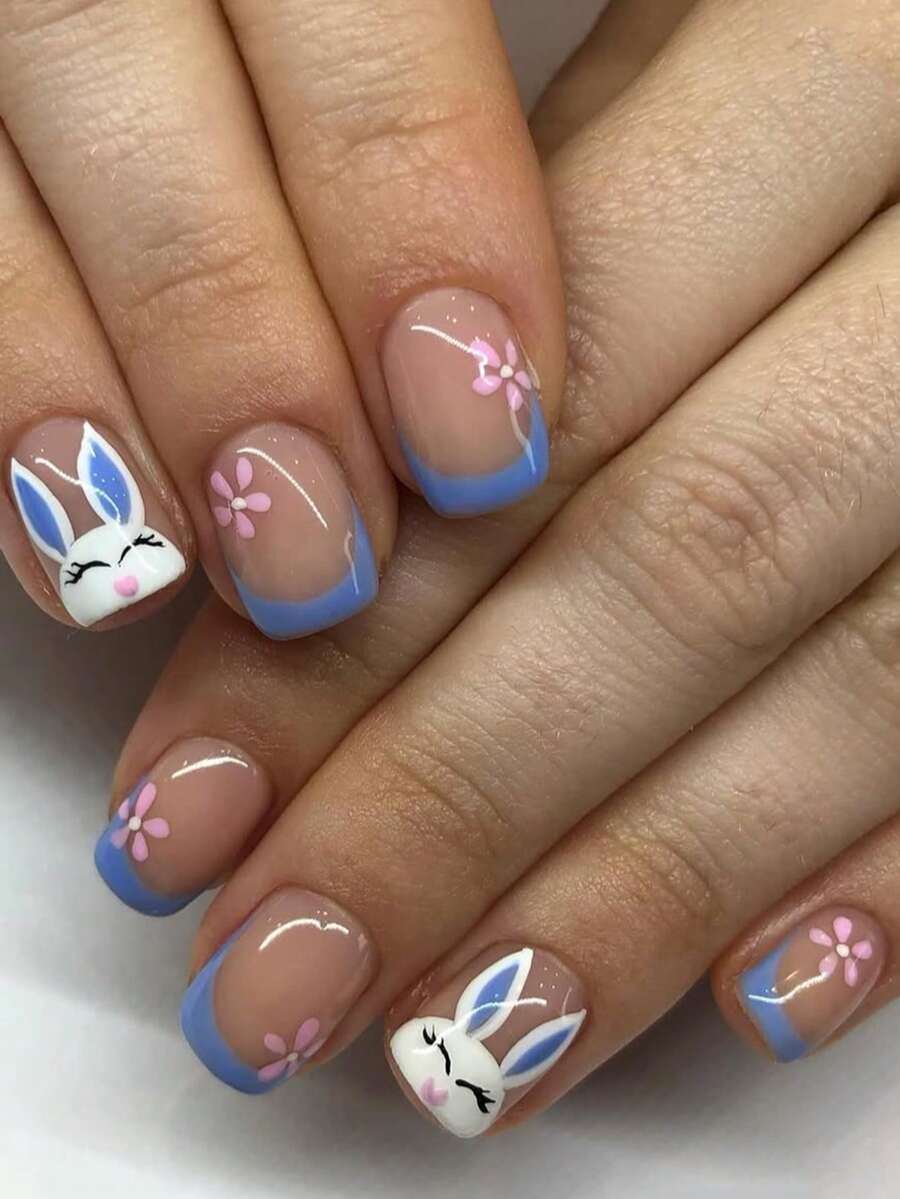 24pcs Cute Square Press On Fake Nails Pink And Blue Short Nail Rabbit And Pink Flowers Fake Nails Easter Nails - Multicolor - View 1