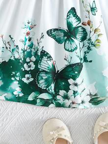 Girls' Summer Ruffle Sleeve Bow Tie Localized Rose Floral Print Casual Dress - Dark Green - View 6