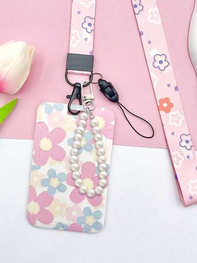 1pc Pink Flower Card Holder With Pearl Accessories, Cute Cartoon Card Holder, Student Card Holder With Hanging Rope, Suitable For Id Card, Bus Card, Bank Card, Teacher-Student Work Supplies Card Wallet, Neck Zipper Card Storage, Suitable For Student Id Card Holder, Nurse Card Holder, Office Gift, Ideal Gift For Teachers
