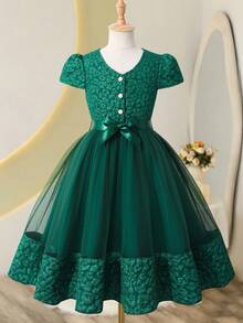 女童绿色云朵提花网纱罩衫连衣裙，适合假日派对 - 綠色 - 查看 1