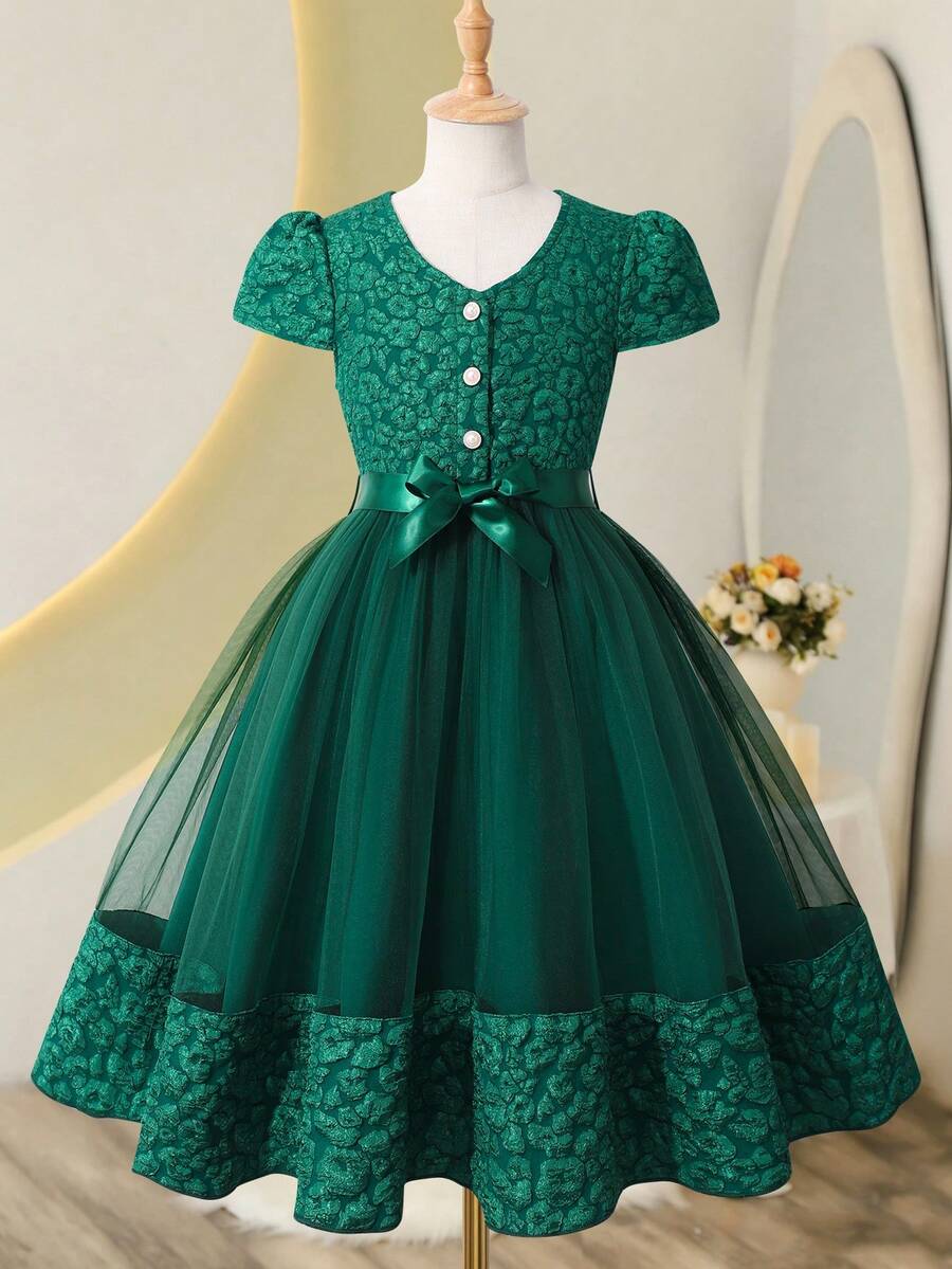 女童绿色云朵提花网纱罩衫连衣裙，适合假日派对 - 綠色 - 查看 1