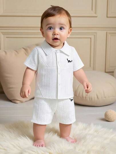 2pcs Baby Boy Comfortable Outfit: Short Sleeve Polo Shirt + Shorts Set, Dinosaur Embroidered Button-Up Cardigan, Suitable For Outdoor Activities