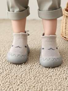 1 Pair Beige Shark Pattern Baby Toddler Shoes, Anti-Slip Soft Sole Silicone Socks Shoes, Breathable Knit Indoor/Outdoor Floor Sports Shoes - Beige - View 2