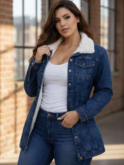 Cazadora Denim Curvy con Forro de Borreguillo Térmico y Ajuste Stretch.