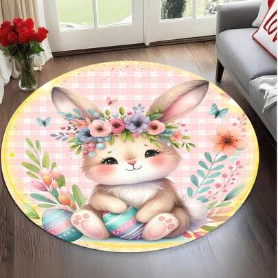 1件复活节唱歌兔子、彩蛋、花卉图案圆形地垫，水晶绒材质，带硅胶底，可作门垫、浴室垫、厨房垫、玄关地毯、防滑浴室地毯，可水洗，圆形，适用于厨房/浴室/玄关/客厅/酒吧/咖啡厅，户外装饰，家居装饰，浴室装饰，礼品，节日礼品，复活节装饰，家居装饰，节日装饰