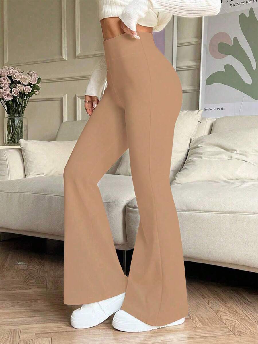 高腰弹力喇叭裤、瑜伽紧身裤、压缩打底裤、跑步健身裤、透气速干运动裤、春夏款 - 大地色 - 查看 1