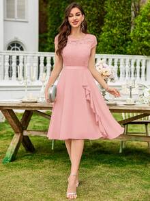 MIUSOL Elegant Solid Color Lace Patchwork Ruffle Hem Cocktail Party Dress Wedding Pink Spring - Pink - View 9