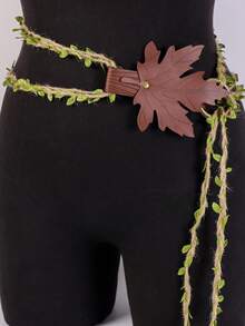 一套绿色叶子手工编织绳和PU皮革扣环，复古维京市场LARP精灵森林角色扮演服装道具DIY挂绳，文艺复兴时期万圣节、狂欢节、斋月配饰 - 彩色 - 查看 2