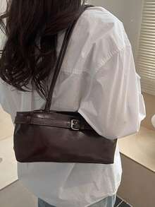 1pc Vintage Large Capacity Tote Bag, Commuter Oversized Underarm Bag, Fashion Motorcycle Handbag, PU Solid Color Oiled Wax Leather, Strap Decor, Zipper Closure, Women's Shoulder Bag For Work, College Student Backpack, Short Trip, Vacation, Shopping, Business, Suitable For Daily Use - Coffee Brown - View 4