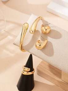 3-Piece Teardrop Shaped Set: Earrings + Ring + Gold Bracelet | Elegant Women's Fashion Jewelry - Vàng - Xem 4