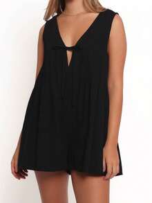 Women Tie Front Romper Dress Sleeveless V Neck Pleated Jumpsuit Shorts With Pockets Loose Summer Casual Playsuit - 黑色 - 查看 1