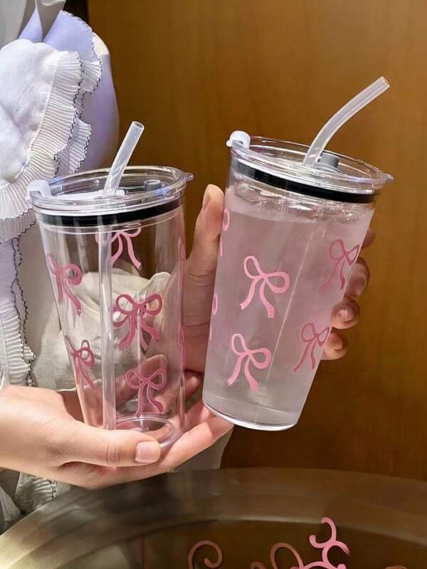 1pc,Cute Pink Bow Reusable Plastic Tea Cup With Lid And Straw,Watar Bottle For Men And Wowen,Office&School& Birthday&Party
