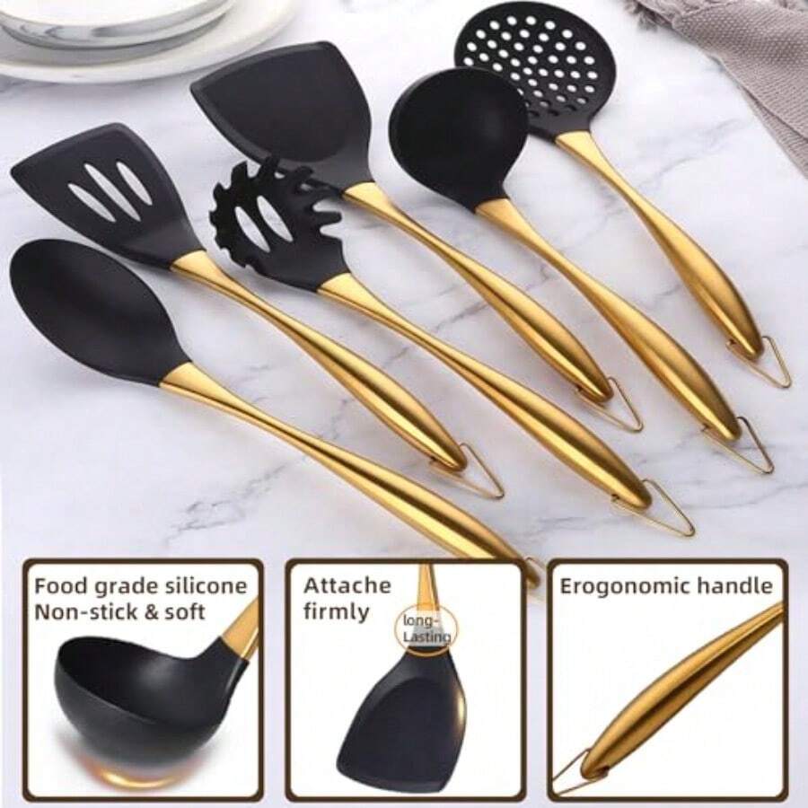 Juego utensilios cocina grande silicona antiadherente 6 piezas grado alimenticio resistente calor mangos acero - Aire - Ver 1