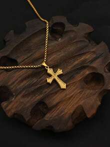 1pc New Fashionable Stainless Steel Titanium Steel Men's Cross Pendant Necklace, Suitable For Daily Wear And As A Gift - Yellow Gold - View 6