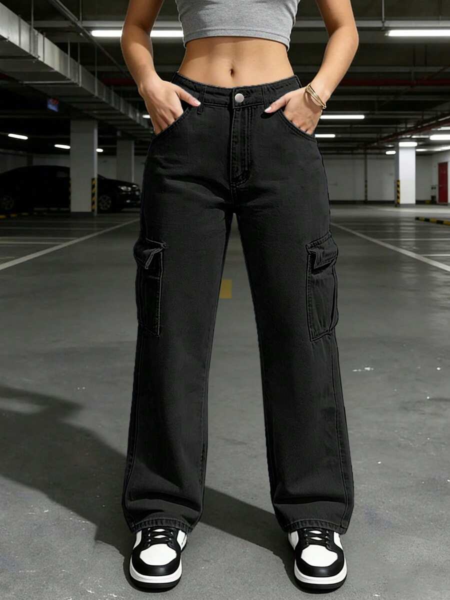 女士长款直筒牛仔工装裤，带口袋，休闲装 - 黑色 - 查看 1