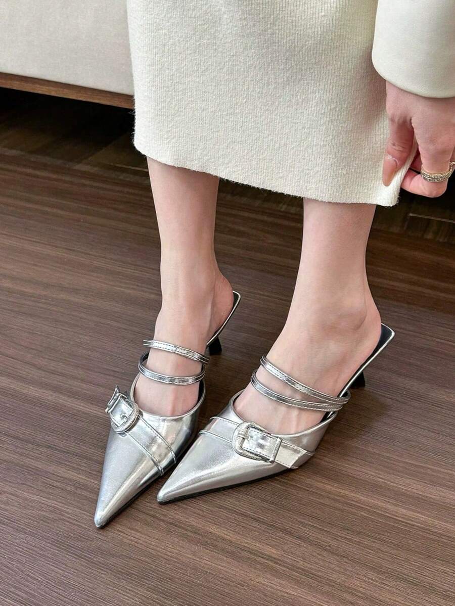 Giày sandal đế bệt mũi nhọn kiểu dáng mới mùa xuân 2026 dành cho nữ, giày cao gót quai hậu thanh lịch. - Bạc - Xem 1