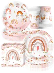 Kit de 50 piezas de vajilla desechable estilo boho chic con arcoíris pastel, platos, vasos y servilletas con hermosos estampados de rosas y corazones. Excelente opción para fiestas de cumpleaños de niñas, baby showers, despedidas de soltera y bodas bohemias, decoración y artículos esenciales perfectos para un ambiente romántico - Multicolor - Ver 6