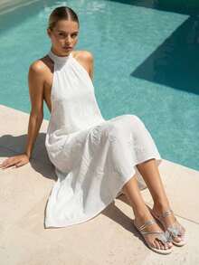 planare New Women's Casual Vacation Style Round Toe Slip-On Peep Toe Rhinestone Butterfly Comfortable Lightweight Summer Fashion Silver Flat Sandals, Suitable For Casual, Daily, Party, Beach Matching, Comfortable And Stable - Silver - View 3