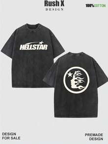 Men's Pattern Washed T-Shirt - Double Sided Printing, 100% Cotton, Short Sleeved, Summer Casual T-Shirt, Black With White Star Design, Loose Fit, Machine Washable, Daily T-Shirt | Loose Fit Shirt | 100% Cotton T-Shirt, Cotton T-Shirt - màu đen - Xem 1