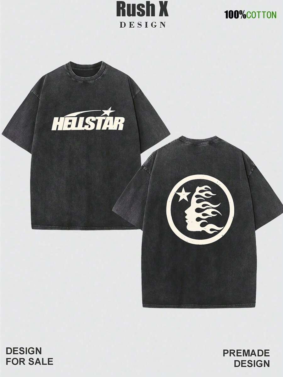 Men's Pattern Washed T-Shirt - Double Sided Printing, 100% Cotton, Short Sleeved, Summer Casual T-Shirt, Black With White Star Design, Loose Fit, Machine Washable, Daily T-Shirt | Loose Fit Shirt | 100% Cotton T-Shirt, Cotton T-Shirt - màu đen - Xem 1