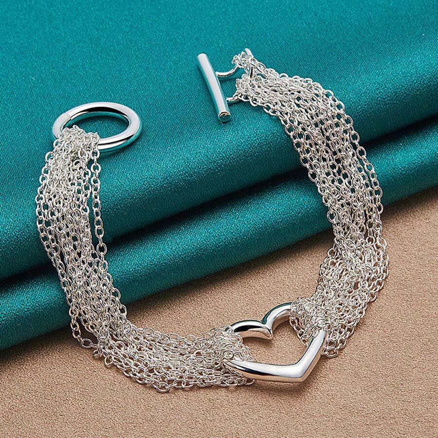 925 Silver Plated Multi-Chain Heart Charm Bracelet For Women Wedding Party Fashion Jewelry - Silver - View 1