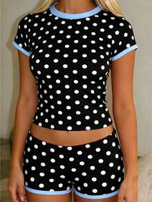 Women's Polka Dot Contrast Trim Loungewear Set - Sleeve Cropped Tee  Shorts Pajama Set With For Summer Cozy Home  Casual Relaxation - 黑色 - 查看 1