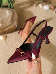 On feet& in love Women's Elegant Satin Backstrap Pointed Toe Metal Chain Buckle High Heel Pumps, Suitable For Dresses And Weddings - Burgundy - View 2