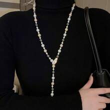 ライトラグジュアリーファッションパールセーターチェーン多目的ハイエンド秋と冬のロングネックレス女性の衣類アクセサリーくずし - パールホワイトリーフセーターチェーン - チェックする 3