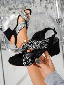 水晶装饰露趾绑带凉鞋，性感镂空高跟鞋 - 黑色 - 查看 8