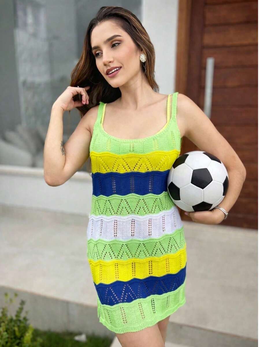 Women's Knitted Beach Cover-Up Colorful Short Dress Beach Outfit - 綠色 - 查看 1