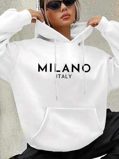 Women's Plus Size Milano Italy Graphic Hoodie, Cozy Fall/Winter Hooded Sweater With Bold MILANO Lettering, Italian Fashion Statement Apparel, White Pullover Sweatshirt, Comfortable Fit, Durable Fabric, Soft Material, Long Sleeve Top, Streetwear Style, Casual Wear, Fall Winter Clothing, Street Style Lovers, Italian Clothing, Casual Dressers, For Everyday & Formal Outfits